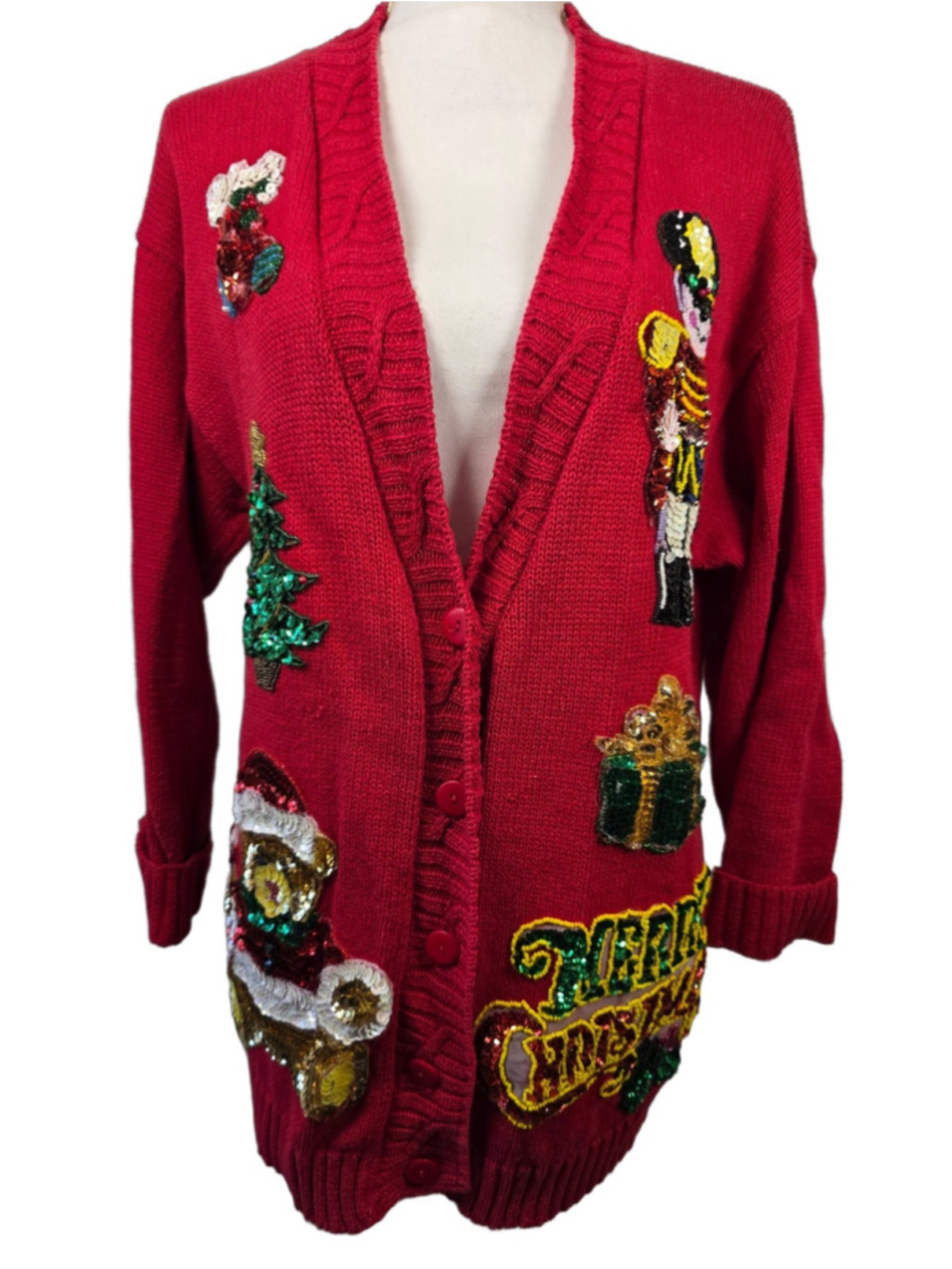 HONORS Womens M Red Cardigan Sweater Christmas Nutcracker Beaded Sequin Pockets